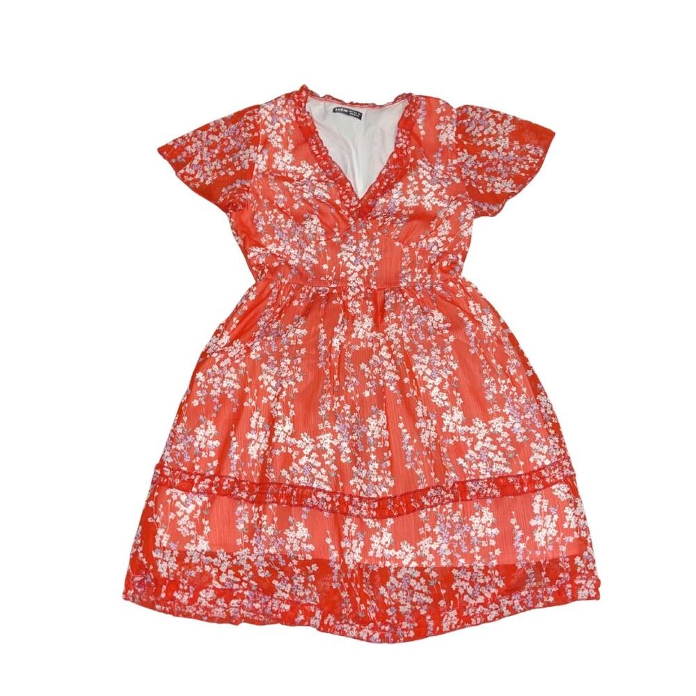 Shein Red Floral V-Neck Tiered Dress Fluttered Sleeves SZ S Flowy Sundress